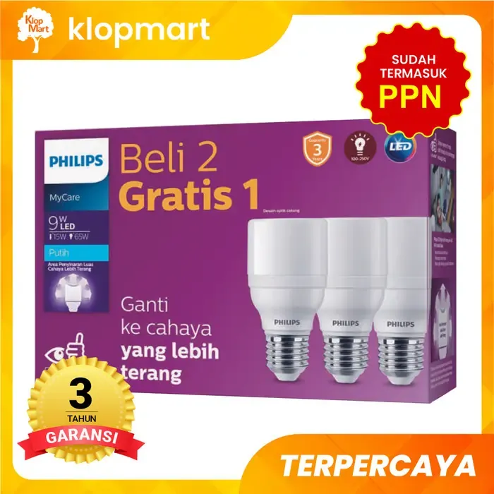 Jual Lampu Philips LED Bright MyCare Pack Isi 3 9W 11W 13W E27 6500K-Putih - 9Watt
